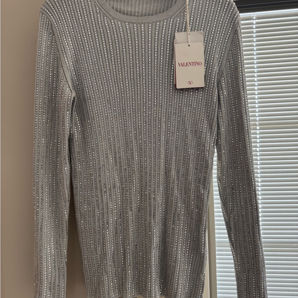 $5900 BNWT Valentino Silver Beaded Ribbed Sweater sz XL